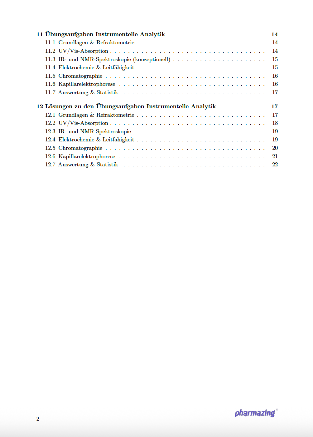 Zweiter Teil des Inhaltsverzeichnisses der Pharmazing Formelsammlung Instrumentelle Analytik mit Übungsaufgaben und Lösungen zu Refraktometrie, Spektroskopie, Chromatographie und Statistik.