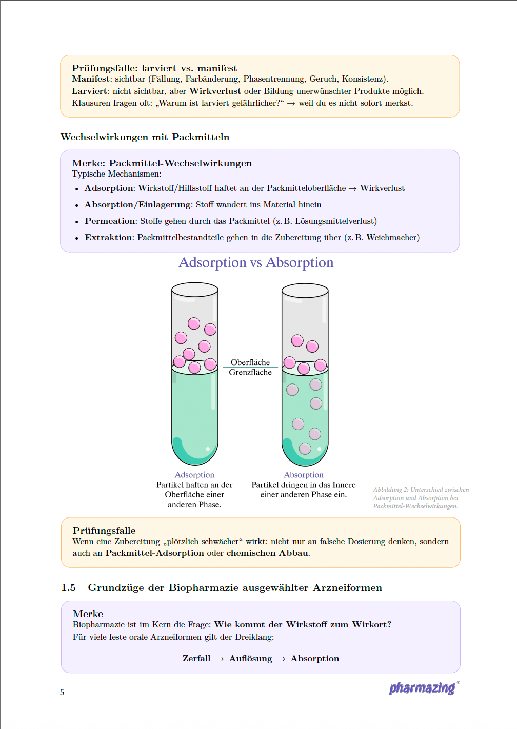Unterschied zwischen Adsorption und Absorption bei Packmittel Wechselwirkungen in der Arzneiformenlehre mit schematischer Darstellung der Wirkstoffverteilung.