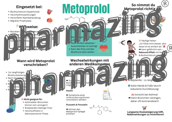 Metoprolol-Lernposter – Vorschau in reduzierter Qualität mit Wasserzeichen als Kopierschutz. Die Originaldatei ist selbstverständlich in hoher Auflösung und ohne Wasserzeichen verfügbar!