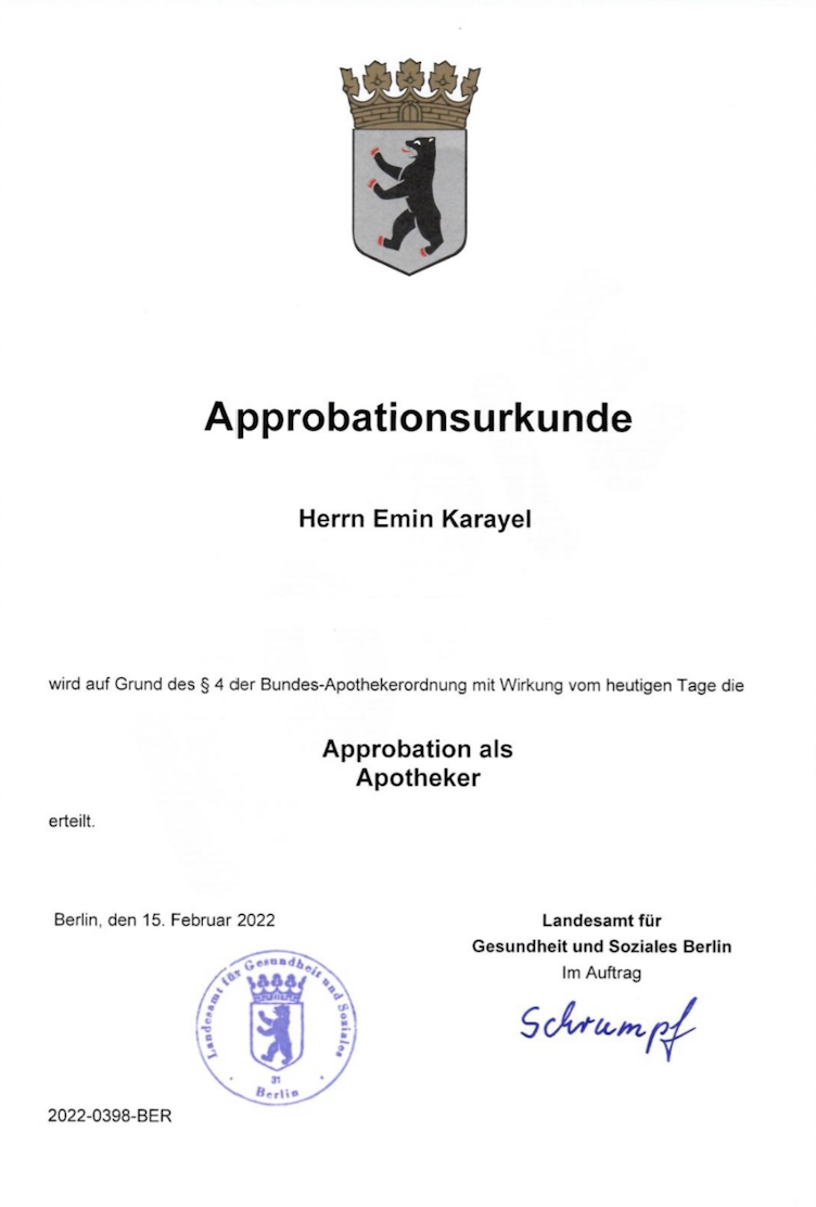 Approbationsurkunde als Apotheker von Emin Karayel – Pharmazie Studium und staatliche Approbation in Deutschland